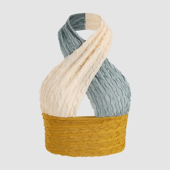 Y2K patchwork, ruffled halter crop top NWOT - Picture 2 of 8